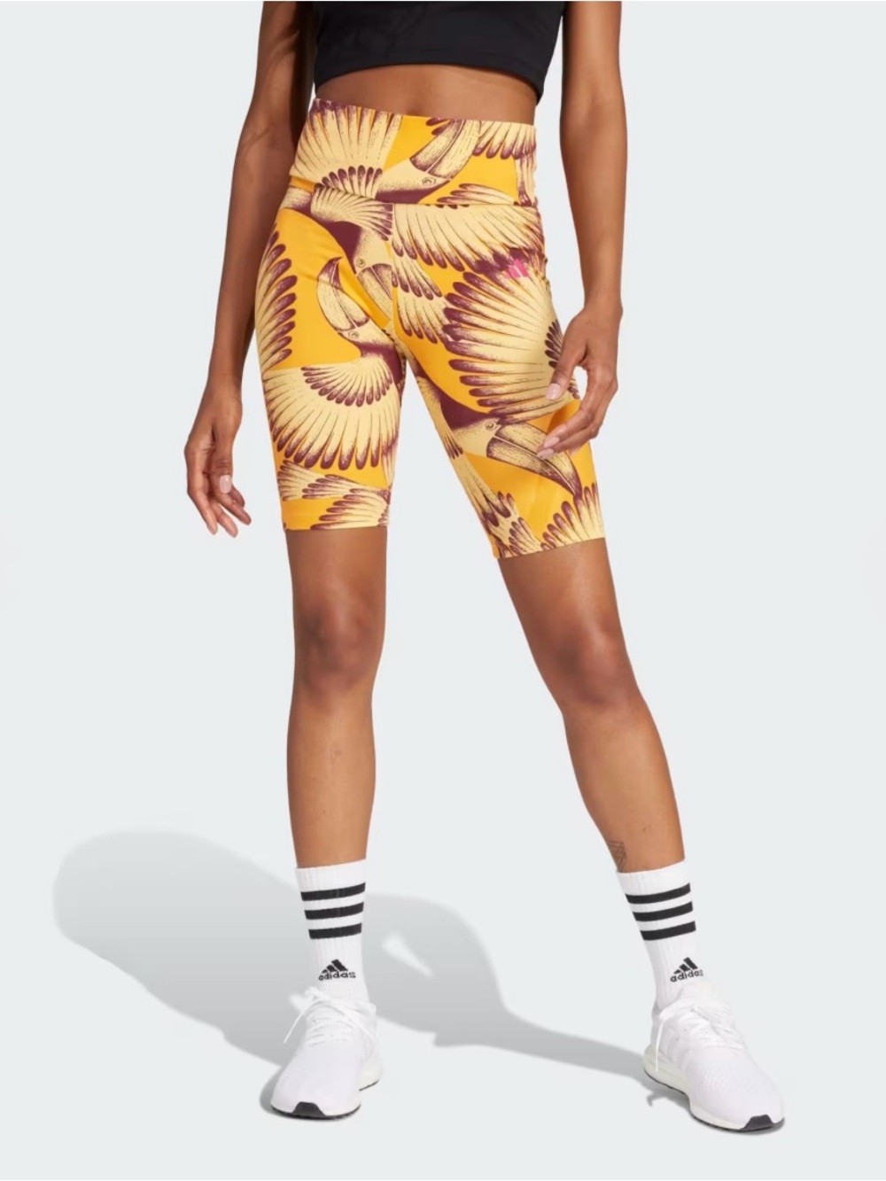 FARM RIO x ADIDAS Bird Print Biker Shorts Semi Spike Bright Tropical Print Sz S